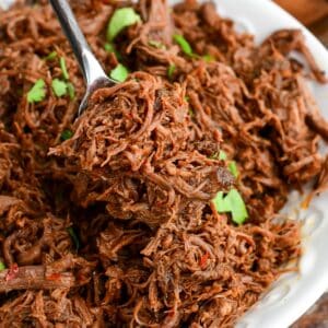 scooping out some tender shredded short ribs meat mixed with chili sauce out of a bowl.