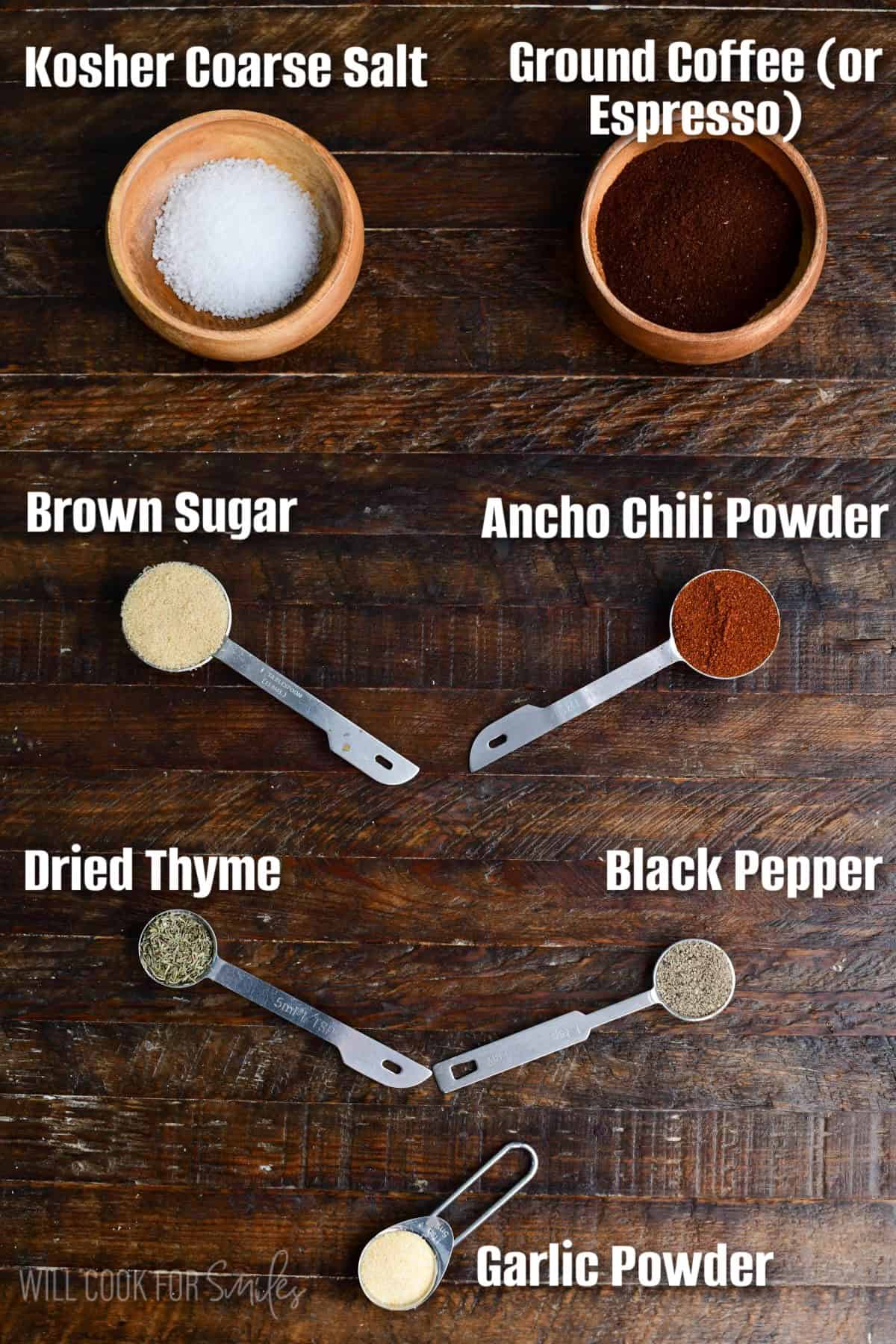 Coffee steak rub ingredients on a wood surface