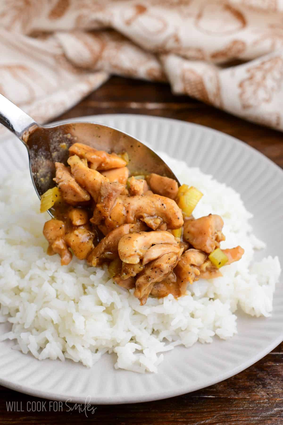 Spooning pepper chicken over fluffy white rice for serving.
