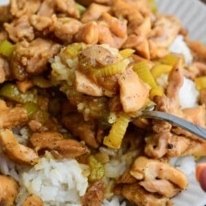 Fork lifting pepper chicken and rice with tender celery in savory sauce.