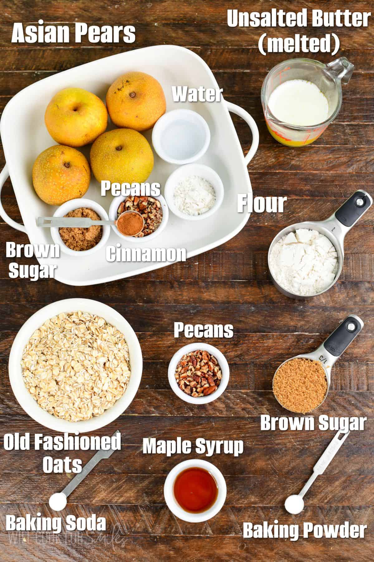 Labeled ingredients for Asian Pear Crisp on a wood surface.