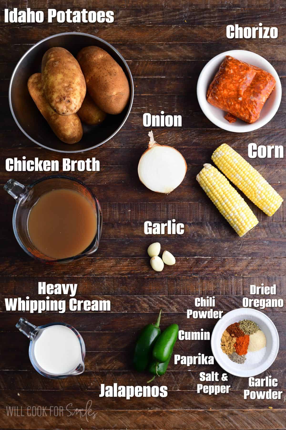 Chorizo Potato Soup labeled ingredients on a wood surface.