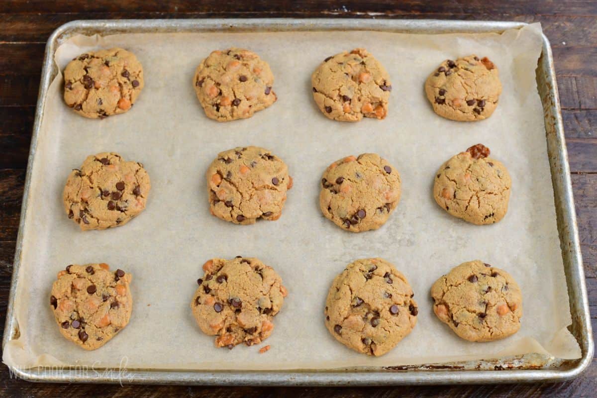 12 baked peanut butter sumbitches cookies on the baking sheet.