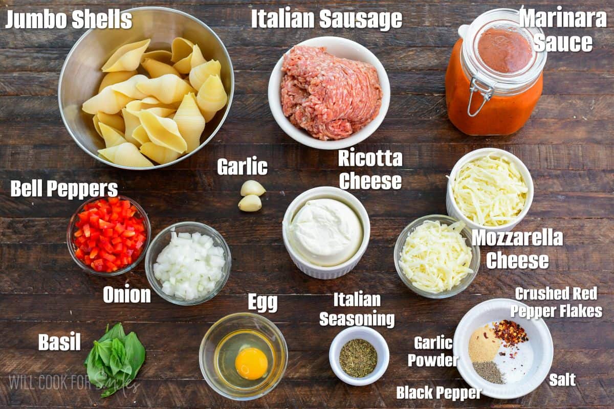 labeled ingredients to make sausage stuffed shells.