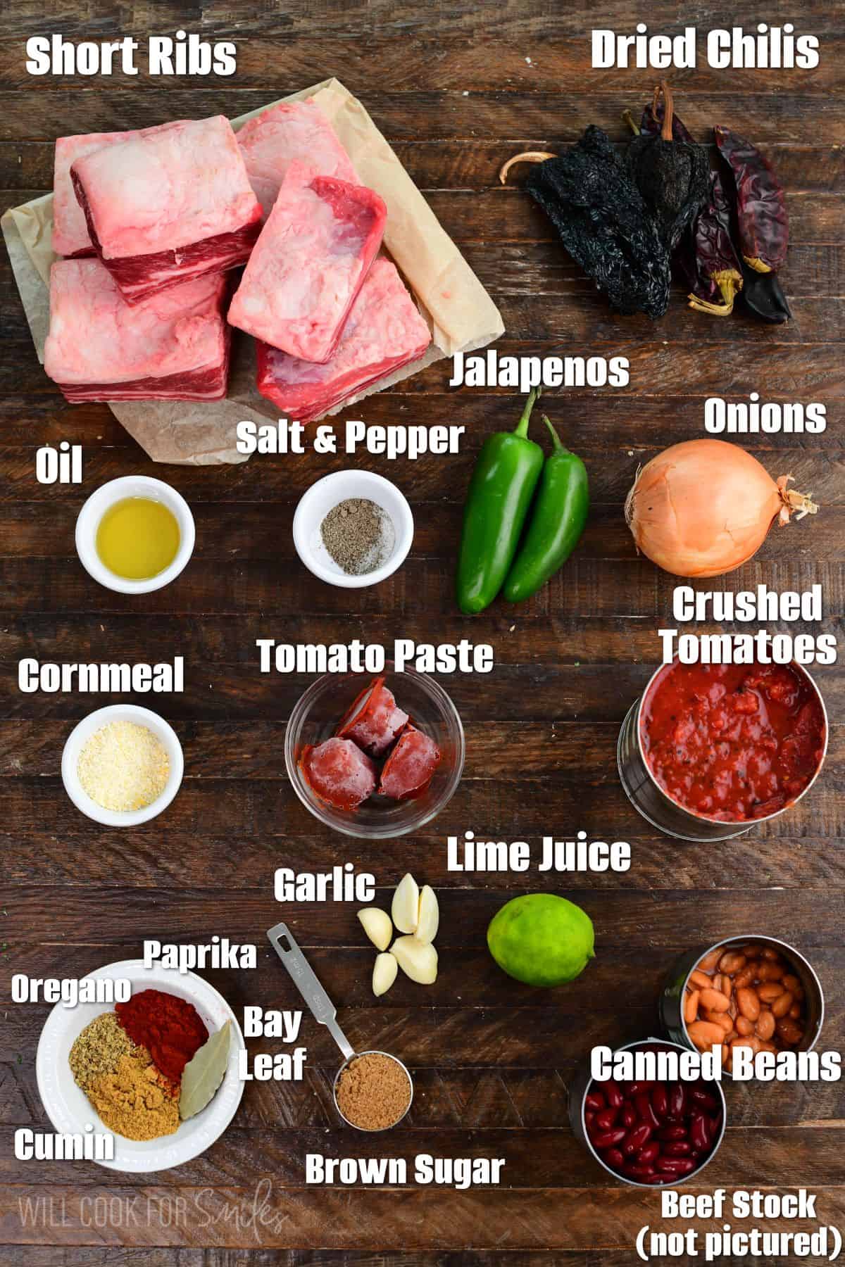 Labeled ingredients for Short Rib Chili on a wood surface.